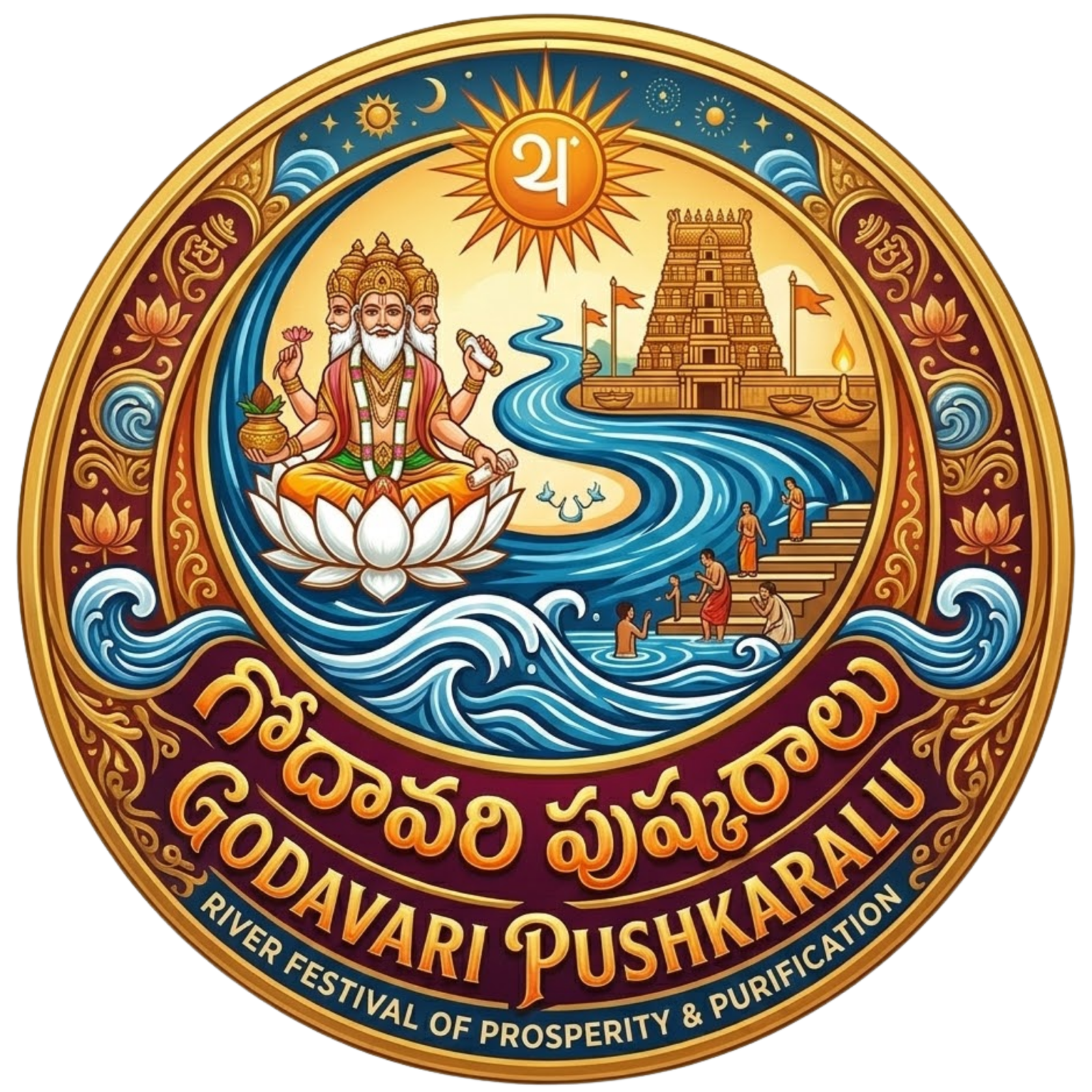 Official logo of Godavari Pushkaralu 2027 featuring spiritual symbols, the Godavari river, and Telugu cultural motifs for the 12-year river festival.