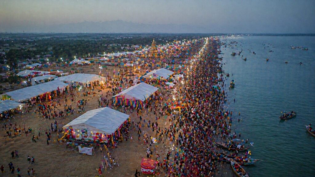 Aerial view of Kaleshwaram Triveni Sangam tent city during Godavari Pushkaralu