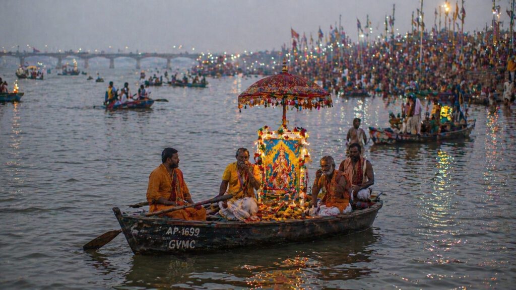 Boat with deities on the river at Pattiseema during Godavari Pushkaralu