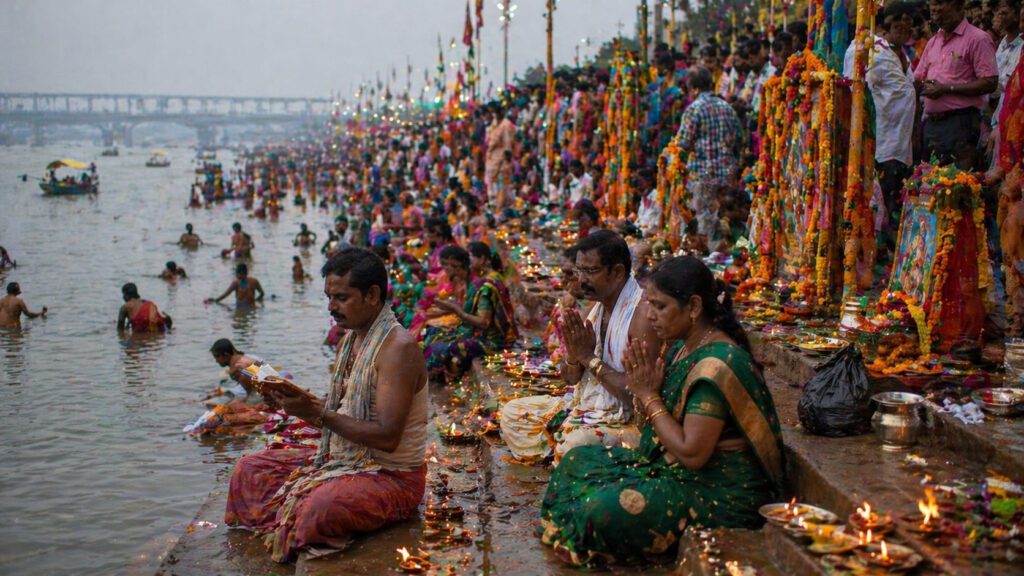 Family performing Aksharabhyasam ceremony at Saraswati Ghat with offerings