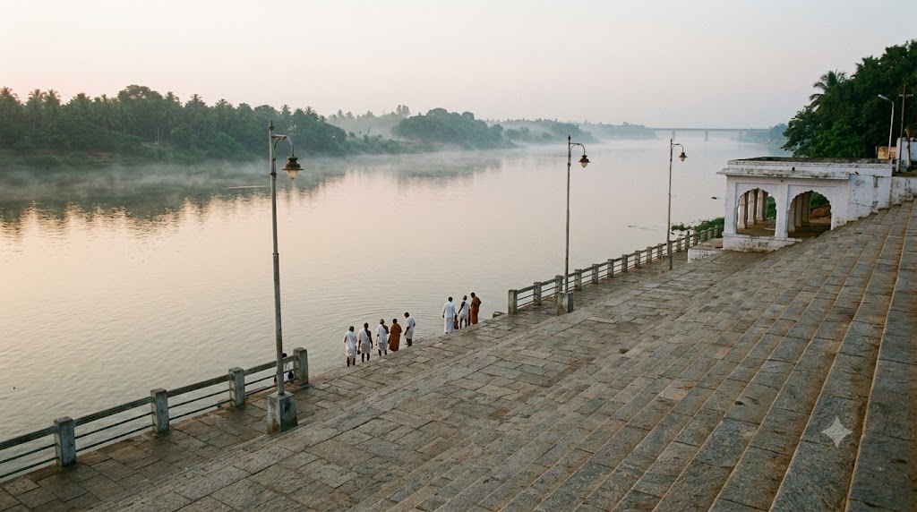 Godavari Pushkaralu 2027 pilgrims at a Rajahmundry bathing ghat at dawn