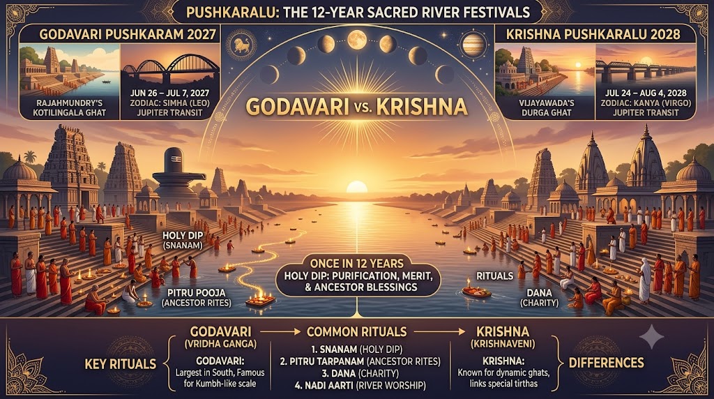 Godavari vs Krishna Pushkaralu — sunrise over sacred river bathing ghats in Andhra Pradesh