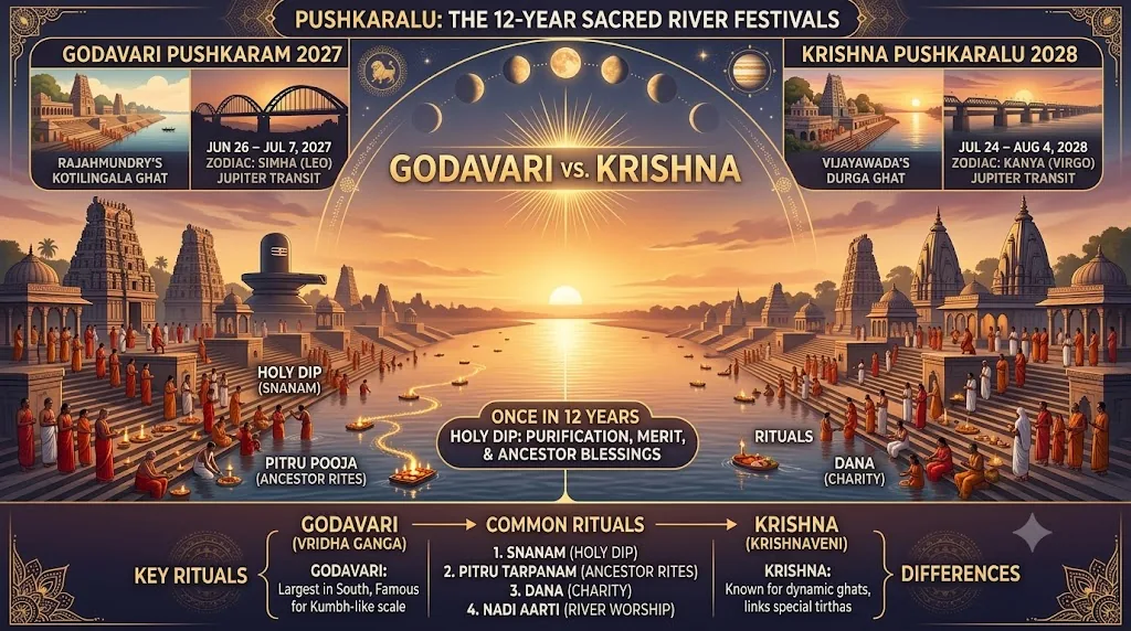Godavari vs Krishna Pushkaralu — sunrise over sacred river bathing ghats in Andhra Pradesh
