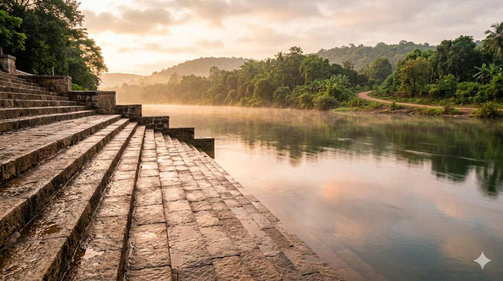 Munikudali Ghat Pushkaralu bathing steps on the calm Godavari river at sunrise