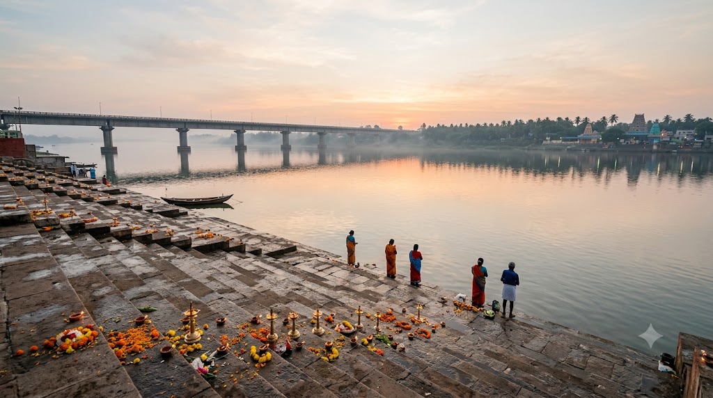 Next Godavari Pushkaralu 2039 — Rajahmundry ghats and the Godavari river at dawn