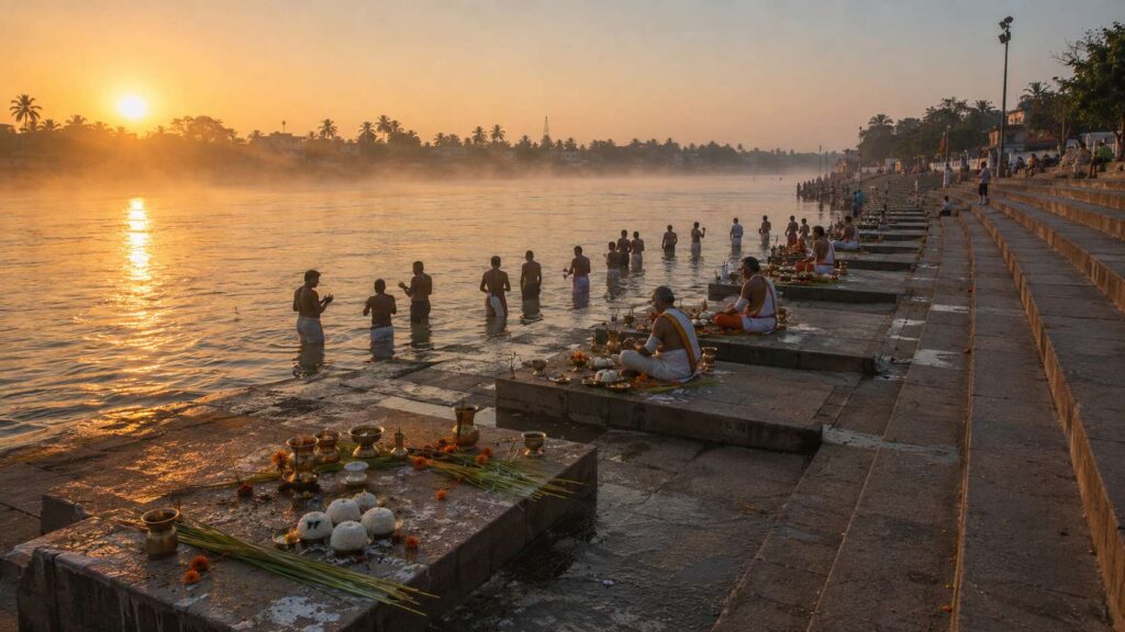 Rashi-Wise Tarpanam Days ritual at a Godavari Pushkaralu 2027 riverside ghat at dawn