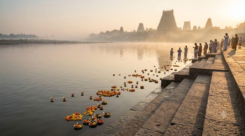 Godavari Dakshina Ganga ghat at dawn with lamps and distant pilgrims by the river