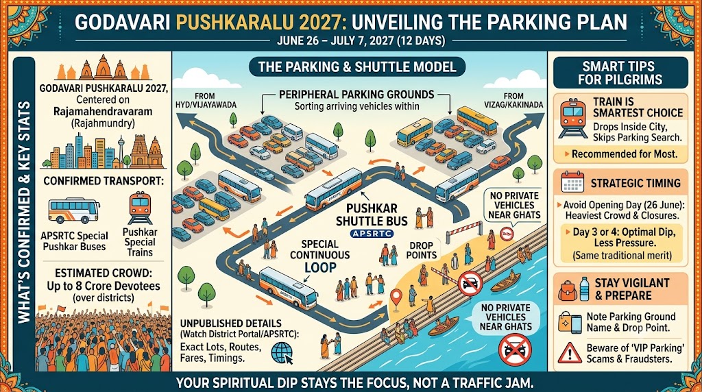 Godavari Pushkaralu 2027 parking ground with shuttle buses near Rajahmundry ghats