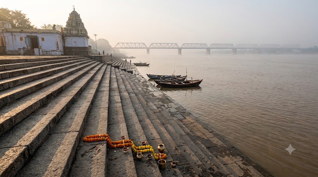 Godavari Pushkaralu history: stone ghat steps descending to the broad Godavari river at Rajamahendravaram at dawn
