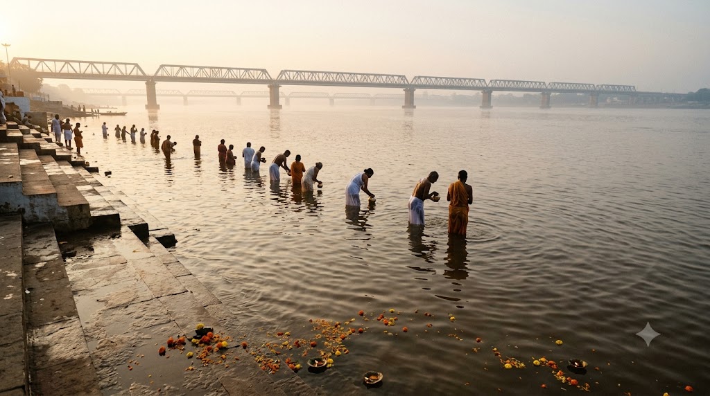 Devotees taking the Godavari Pushkaralu holy dip at a Rajahmundry ghat at dawn