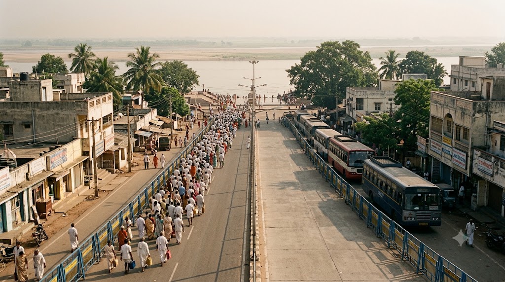 Pushkaralu 2027 traffic plan: crowded Rajahmundry ghat approach road with barricades and buses