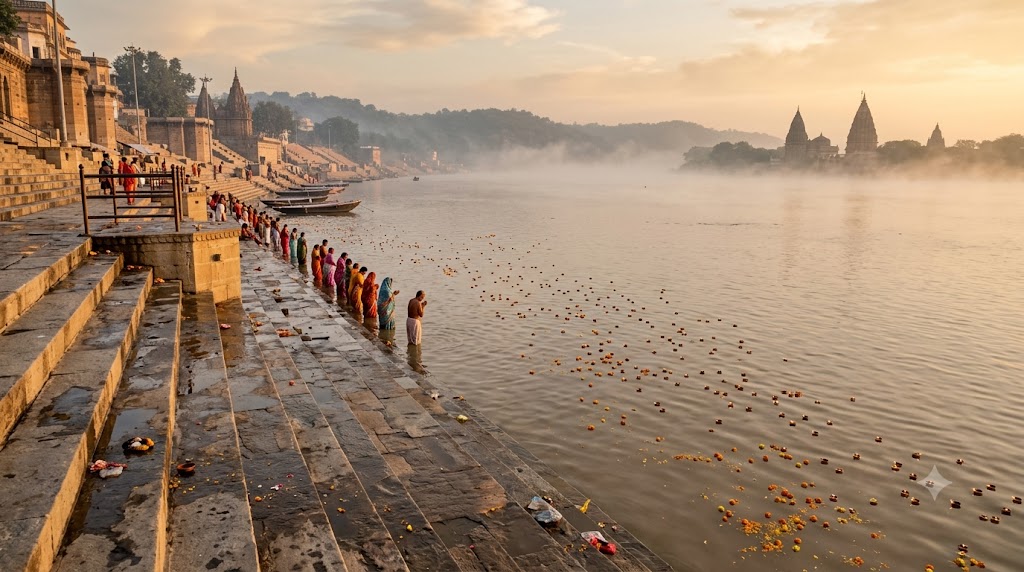Pushkaram vs Kumbh Mela holy dip on Godavari river ghats at dawn