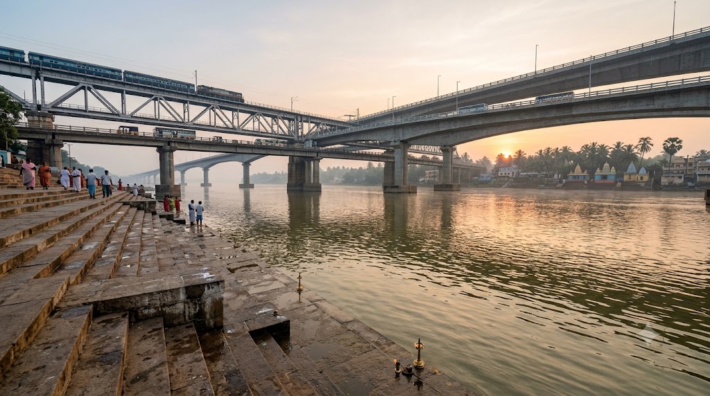 Rajahmundry Pushkar ghat routes: Godavari riverfront steps and bridges near Saraswati Ghat