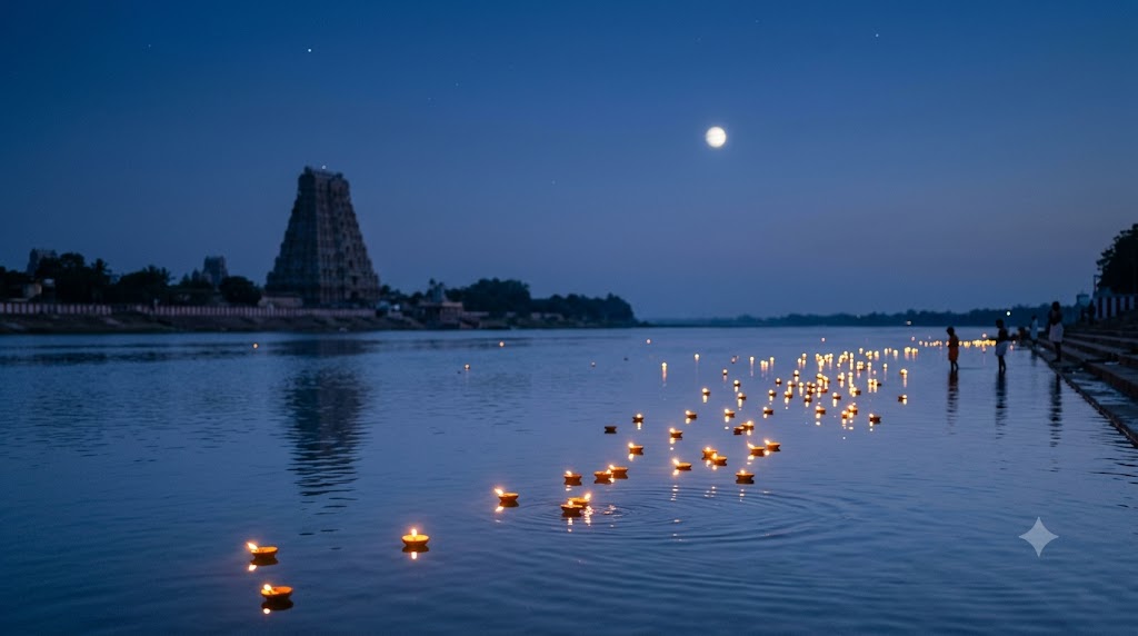 Pushkaram every 12 years: bright Jupiter over a Godavari riverbank at dusk with floating oil lamps