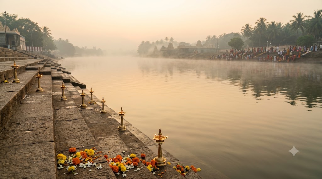 Pushkaram rivers and zodiac signs — pilgrims at a Godavari river ghat at dawn