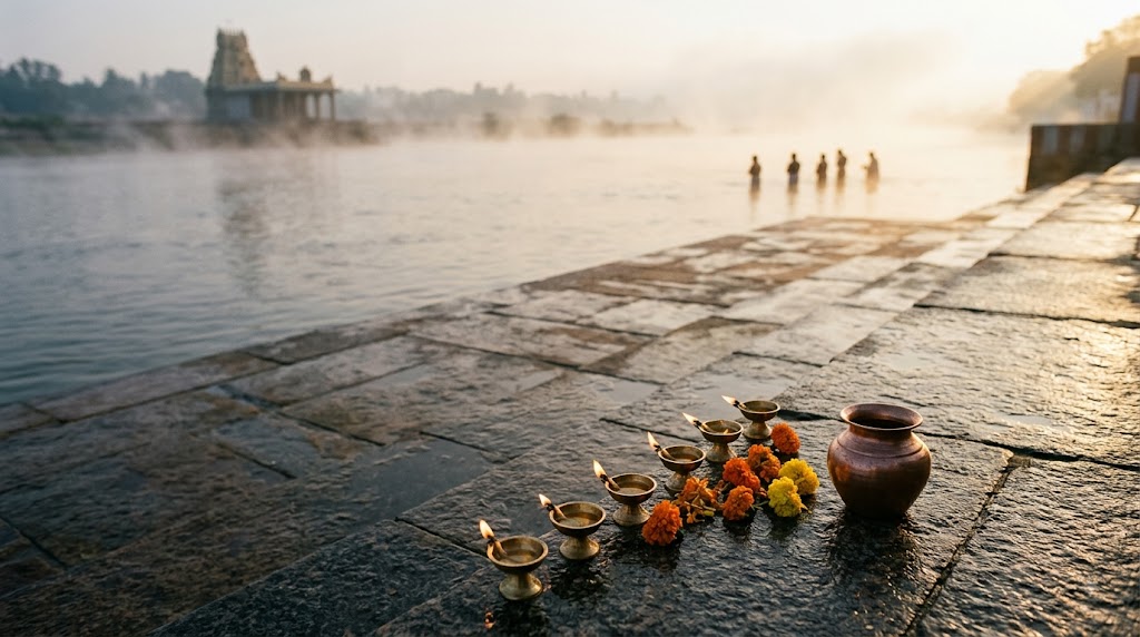 Story behind Pushkaralu: lamps and offerings on Godavari river bathing steps at dawn