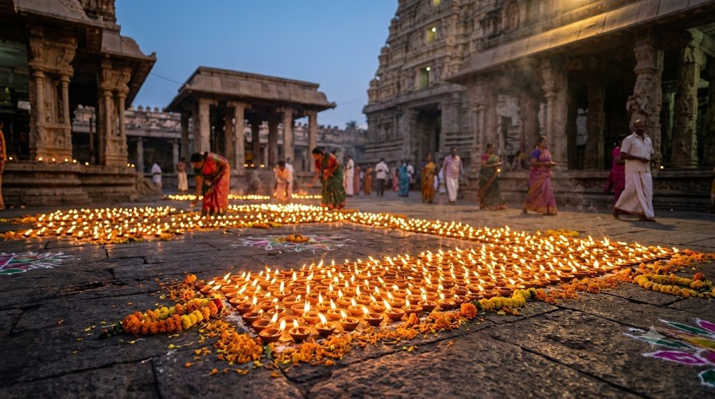 pancharama kshetras yatra in Karthika Masam with oil lamps and temple architecture